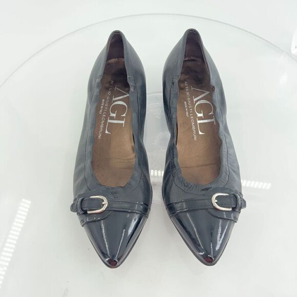 AGL Ballet Flats Women's Size 36.5 6.5 Pointed Black Leather Patent Cap Toe Shoe - Picture 3 of 13